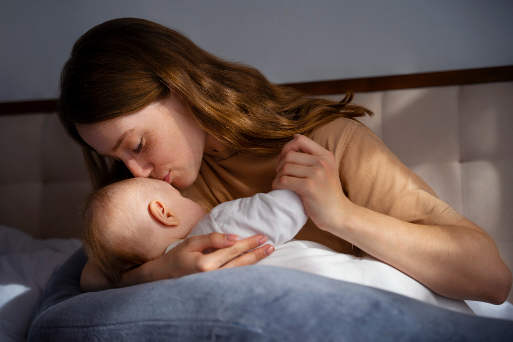 mom hold baby at night