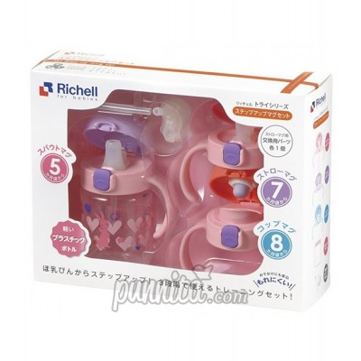 Richell แก้วน้ำพร้อมหลอดดูด และหัวเปลี่ยน 3 สเต็ป - Pink